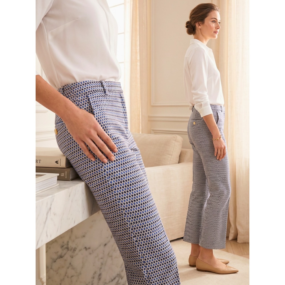 Max Mara Weekend Blue Geometric Capri Flare Cotton Stretch Trousers Size 8